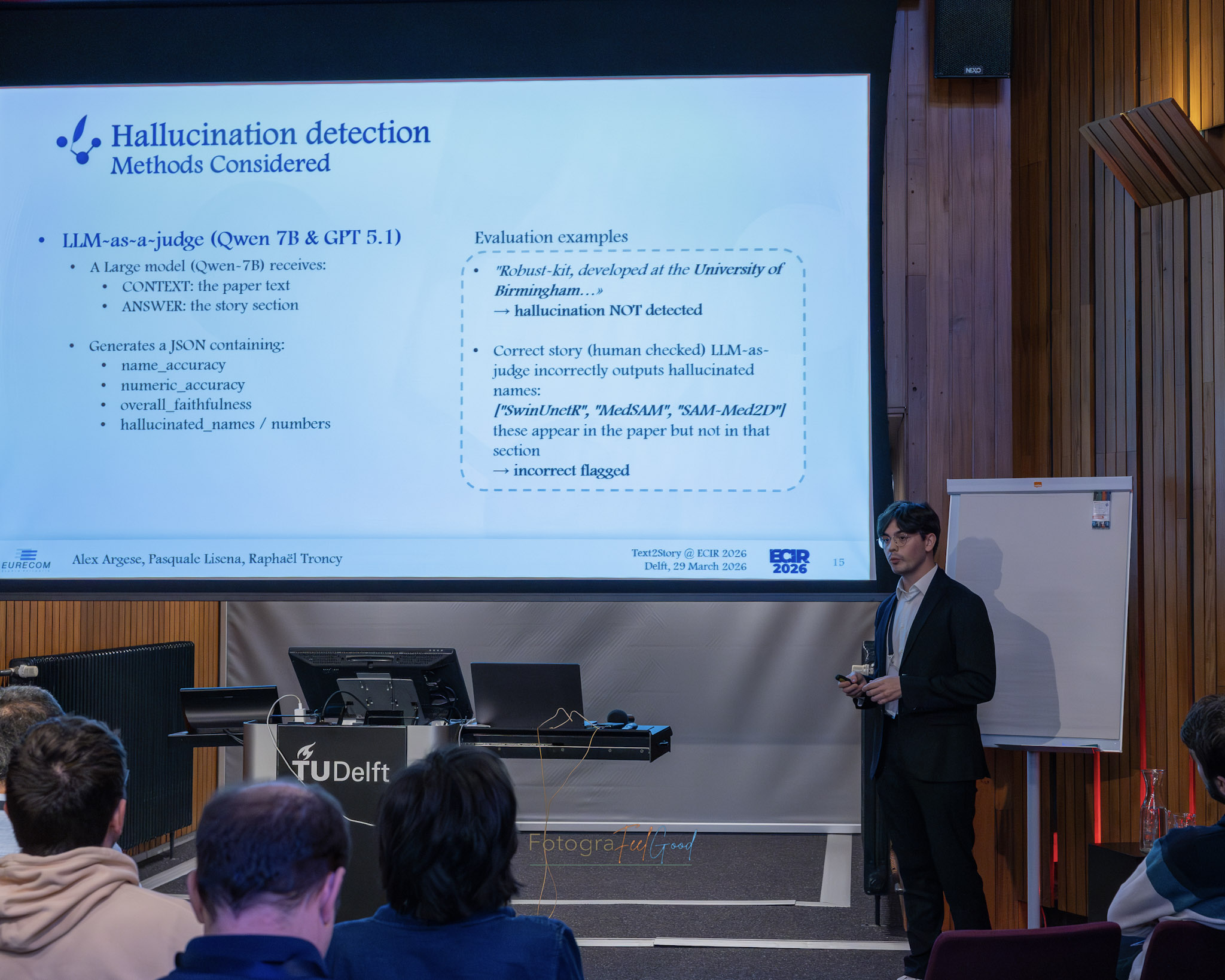 Alex Argese presenting Hallucination or Creativity: How to Evaluate AI-Generated Scientific Stories?